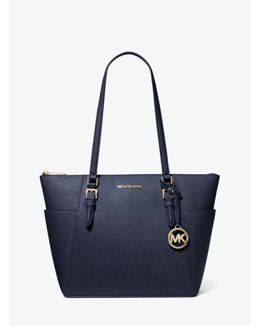 Michael Kors Outlet Blue Mk Charlotte Large Saffiano Leather Top-Zip Tote Bag
