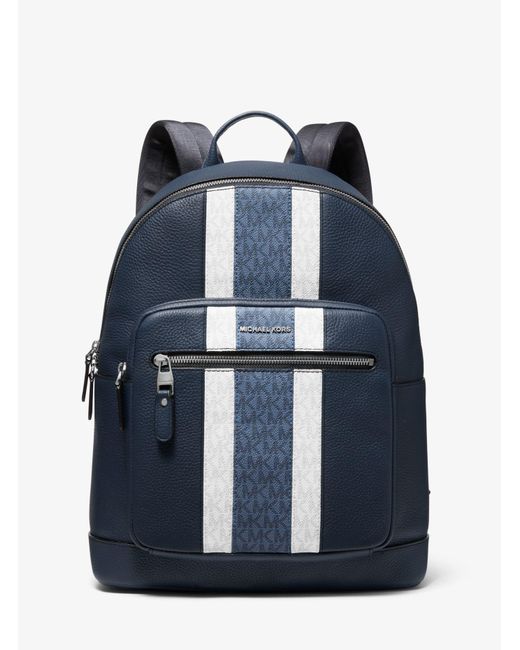 Michael Kors Blue Hudson Pebbled Leather And Logo Stripe Backpack for men