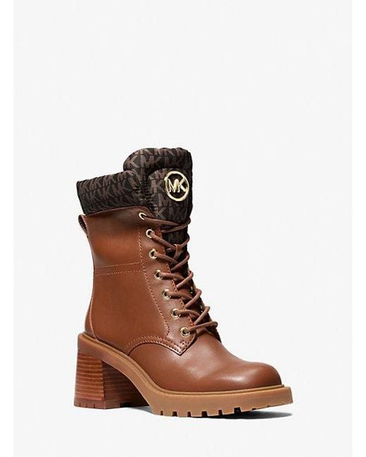 Michael Kors Brown Cade Leather And Signature Logo Combat Boot