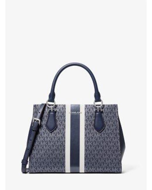 Michael Kors Blue Marilyn Medium Signature Logo Stripe Satchel