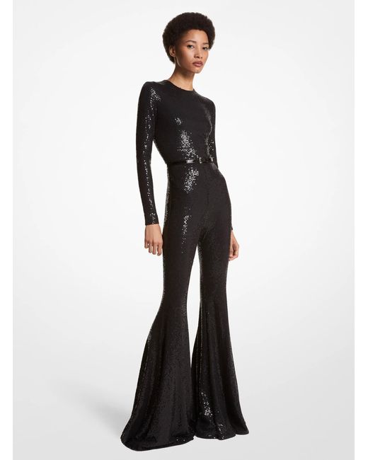 Michael Kors Black Mk Hand-Embroidered Sequin Stretch Jersey Flared Jumpsuit