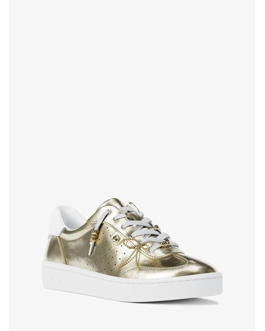 MICHAEL Michael Kors White Mk Scotty Embellished Metallic Leather Trainers