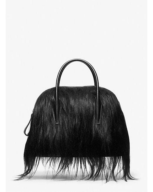 Michael Kors Black Kaitlin Large Long Haired Shearling Dome Satchel