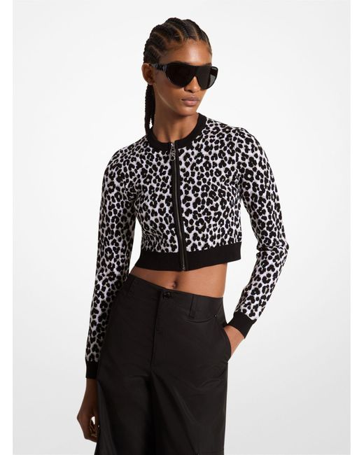 Michael Kors Black Leopard Jacquard Knit Zip Cardigan