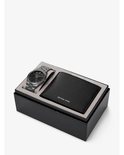 Michael Kors Black Oversized Slim Runway Gunmetal Watch And Jet Set Charm Leather Wallet Gift Set
