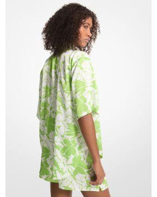 Michael Kors Green Mk Palm Print Satin Cabana Shirt