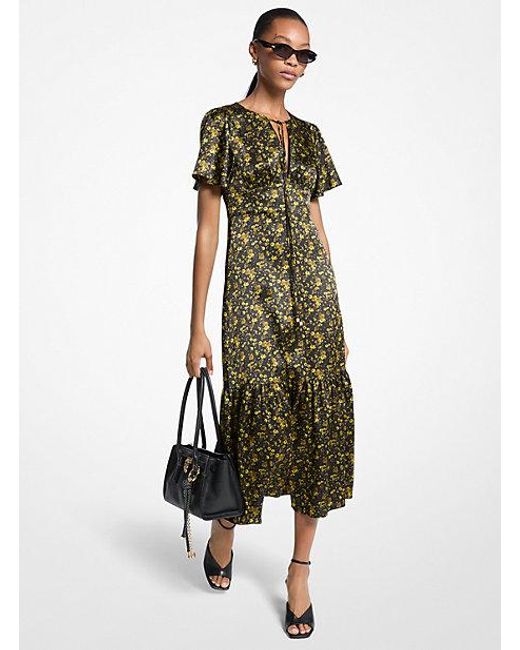 MICHAEL Michael Kors Floral Hammered Satin Midi Dress in Green | Lyst Canada