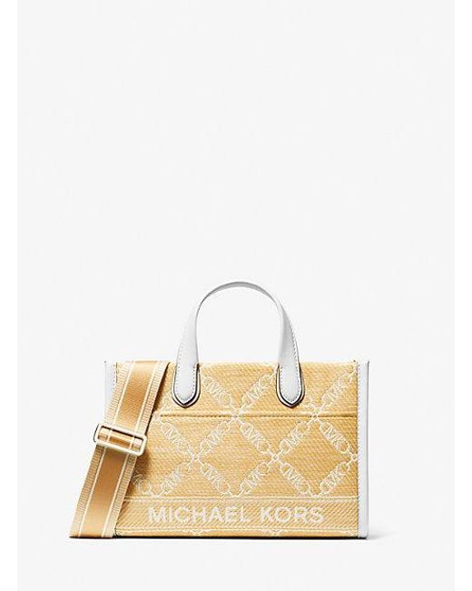 Michael Kors Natural Mk Gigi Small Empire Logo Jacquard Straw Small Tote Bag