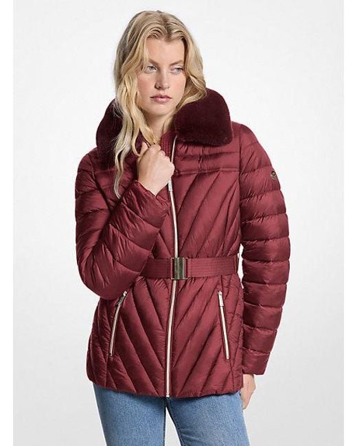 MICHAEL Michael Kors Red Faux Fur Trim Packable Nylon Puffer Jacket