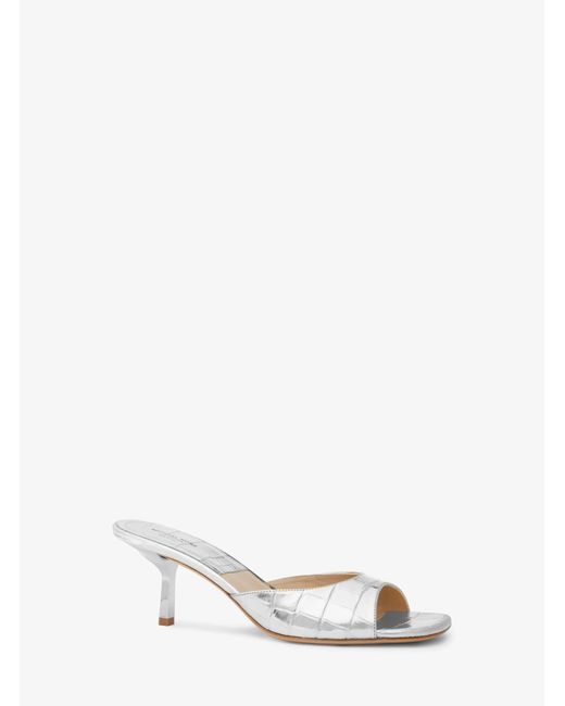 Michael Kors White Anita Metallic Crocodile Embossed Leather Sandal