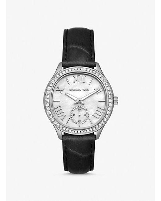 Michael Kors White Sage Pavé Silver-tone And Crocodile Embossed Leather Watch