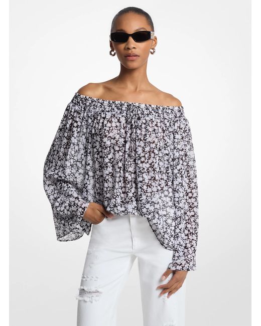 MICHAEL Michael Kors White Mk Floral Georgette Off-The-Shoulder Top