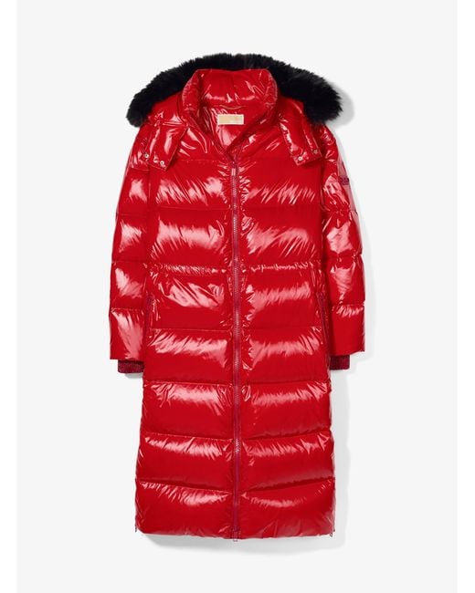 MICHAEL Michael Kors Red Mk Faux Fur Trim Nylon Ciré Puffer Coat