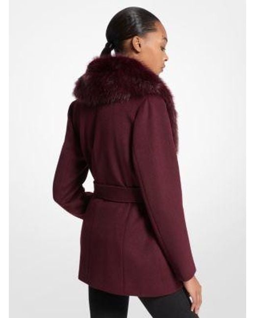 Michael Kors Red Faux Fur Trim Wool Blend Coat