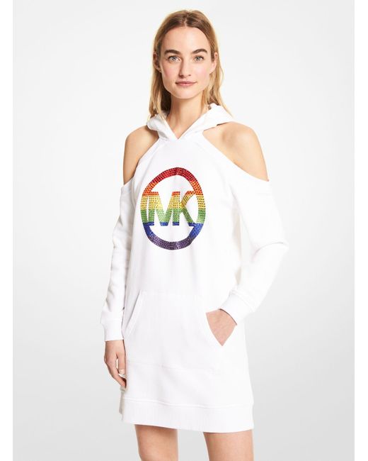 Michael Kors White Mk Pride Embellished Logo Organic Cotton Terry Hoodie Cutout Dress
