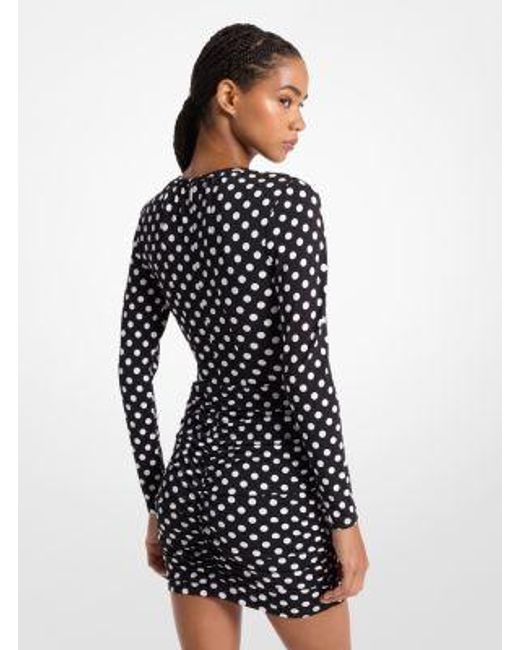 Michael Kors White Dot Ruched Stretch Matte Jersey Dress