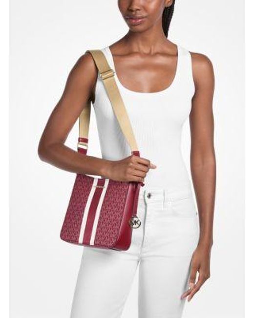 Michael Kors Red Jet Set Small Signature Logo Stripe Crossbody Bag