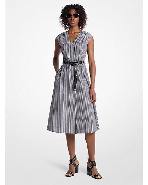 Michael Kors White Striped Cotton Poplin Belted Midi Dress