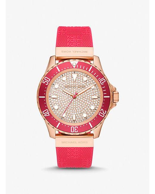 Michael Kors Pink Oversized Slim Everest Pavé Rose-gold Tone And Embossed Silicone Watch