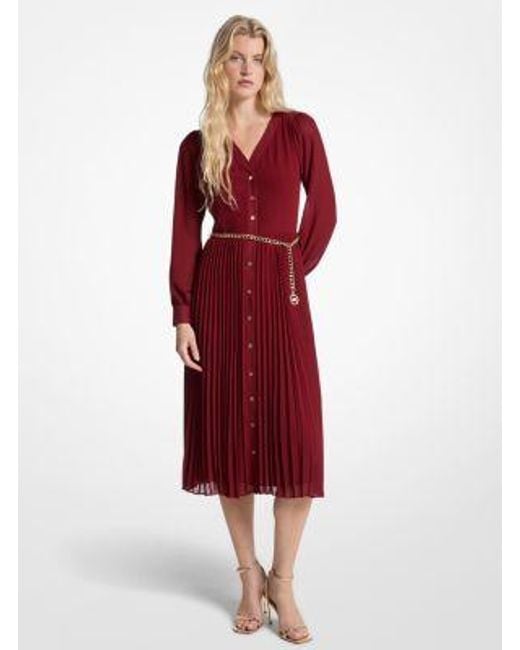 Michael Kors Red Georgette Belted Pleated Shirtdress
