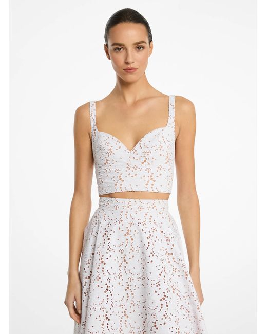 Michael Kors White Mk Floral Cotton Eyelet Bustier Top