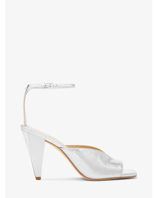 MICHAEL Michael Kors White Mk Electra Metallic Crocodile Embossed Leather Sandal