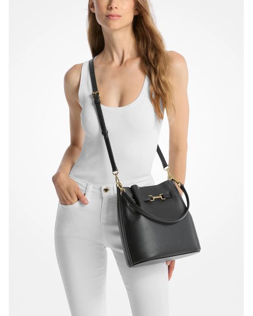 Michael Kors Outlet Black Mk Carson Medium Pebbled Leather Convertible Bucket Crossbody Bag