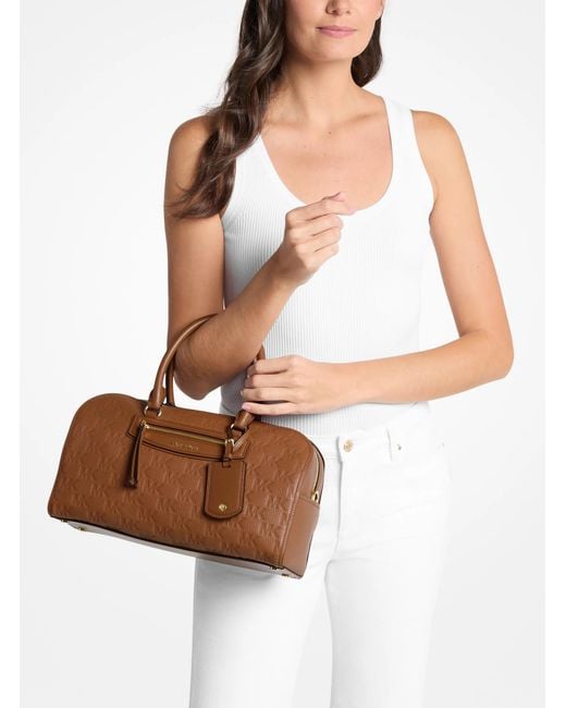 MICHAEL Michael Kors Brown Mk Jet Set Travel Medium Logo Embossed Leather Duffel Crossbody Bag