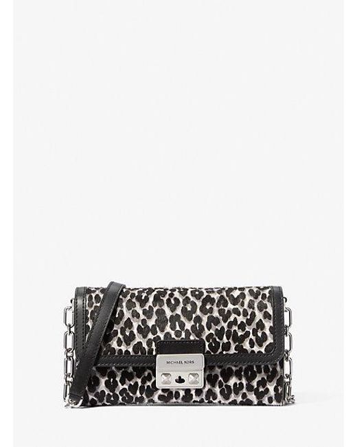 Michael Kors White Tribeca Large Leopard Print Calf Hair Convertible Crossbody Bag