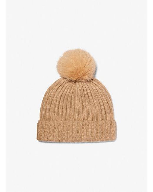 Michael Kors Natural Ribbed Cashmere Beanie Hat