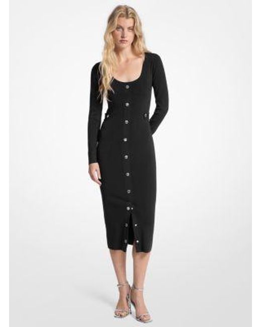 Michael Kors Black Ribbed Stretch Viscose Midi Dress