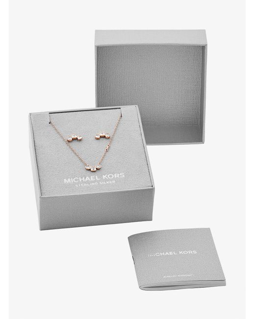 Michael Kors White Mk Precious Metal-Plated Cubic Zirconia Necklace And Stud Earrings Set