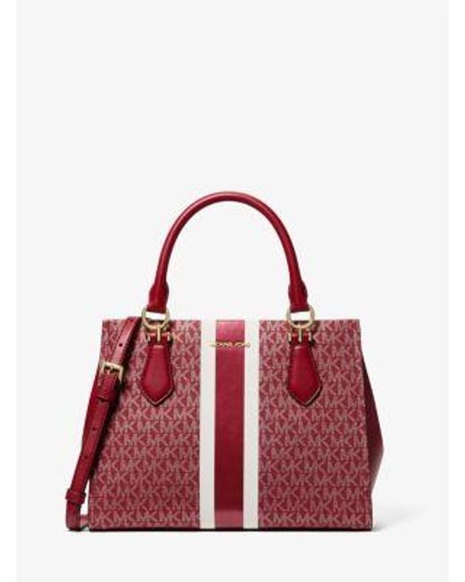 Michael Kors Red Marilyn Medium Signature Logo Stripe Satchel