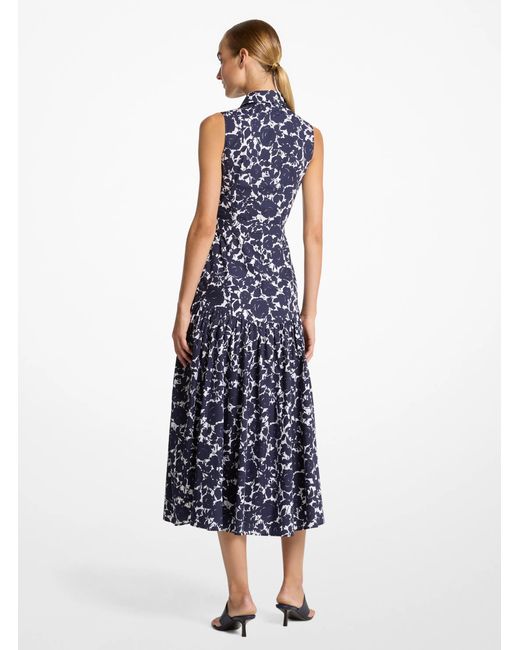 Michael Kors Blue Rose Print Drop Waist Cotton Poplin Midi Shirtdress