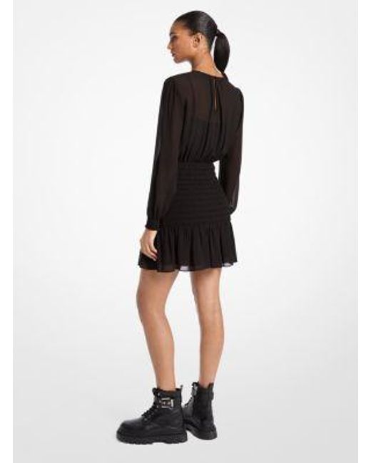 Michael Kors Black Smocked Georgette Long Sleeve Dress