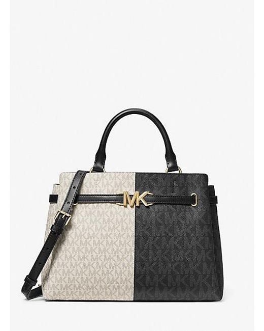 Michael Kors Black Reed Large Two-tone Graphic Logo Belted Satchel