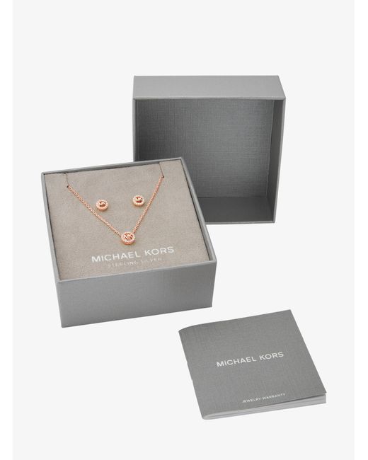 Michael Kors White Mk Fulton Precious-Metal Plated Sterling Pavé Logo Charm Necklace And Earrings Gift Set