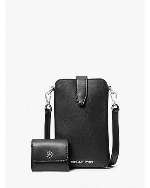 Michael Kors Black Jet Set Saffiano Leather Smartphone Crossbody Bag With Case For Apple Airpods Pro®