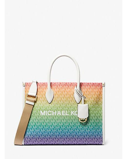 Michael Kors Green Mirella Medium Rainbow Logo Tote Bag