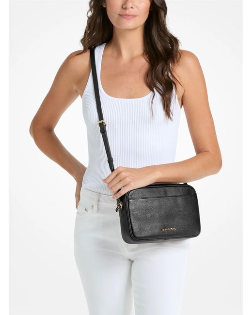 Michael Kors Outlet Black Mk Jet Set Pebbled Leather Camera Crossbody Bag