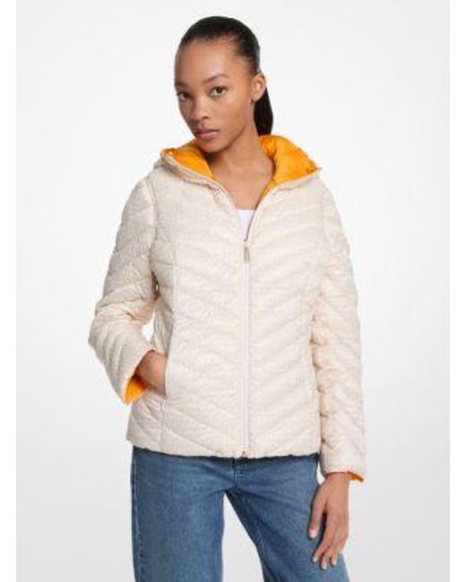 Michael Kors Orange Chevron Logo Print Quilted Nylon Reversible Jacket