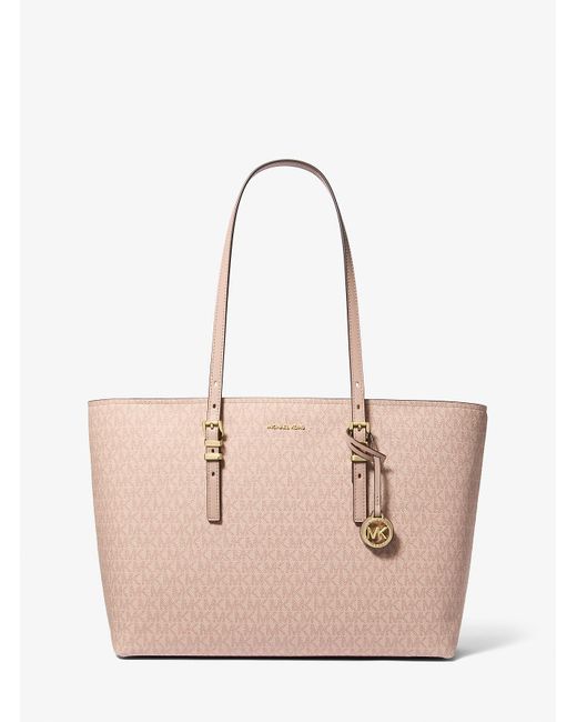 Michael Kors Natural Quinn Large Signature Logo And Leather Tote Bag