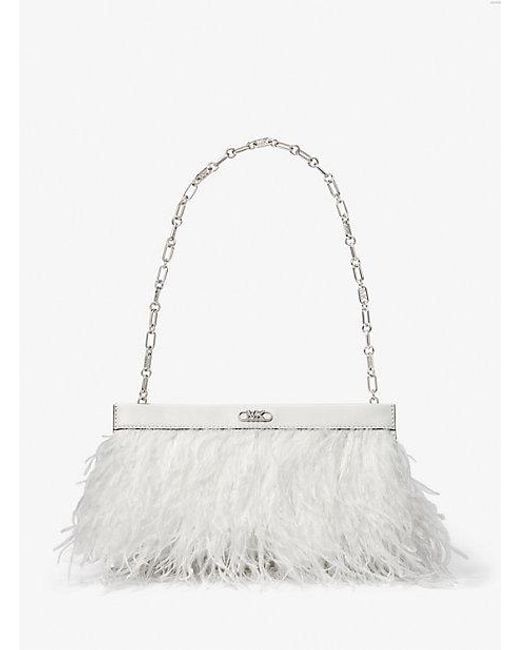 Michael Kors White Tabitha Large Feather Embellished Leather Clutch