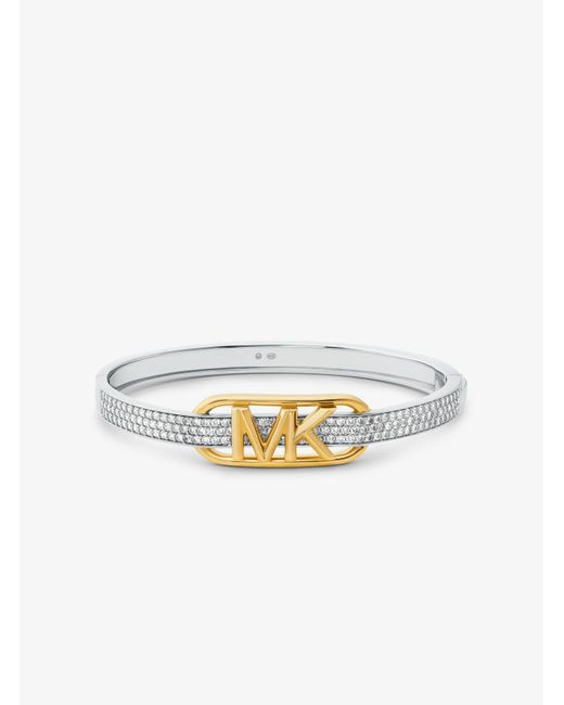 Bracelet rigide à logo Empire en argent sterling plaqué en métal précieux à pierres pavées Michael Kors en coloris White