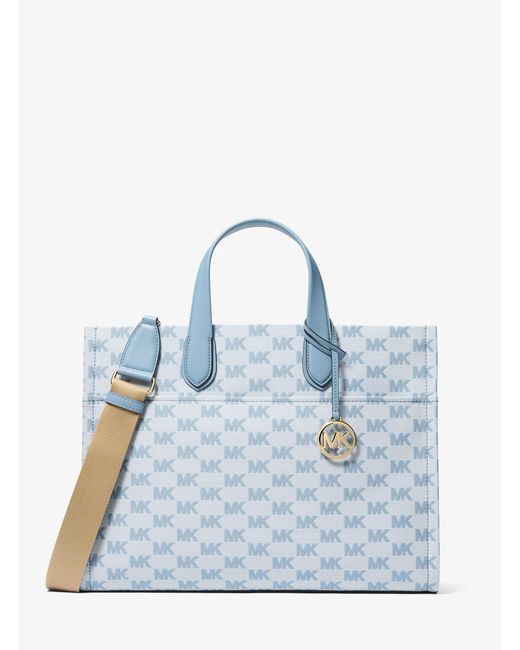 Michael Kors Outlet Blue Mk Gigi Large Logo Jacquard Large Tote Bag