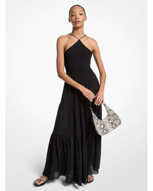 MICHAEL Michael Kors Black Mk Smocked Georgette Halter Maxi Dress