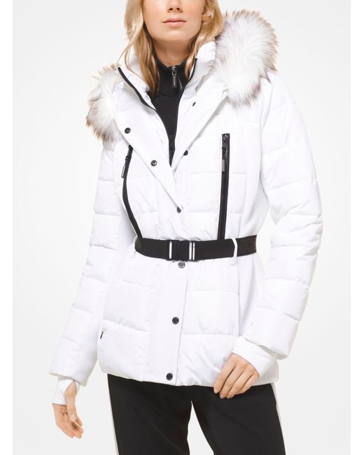 Michael Kors White Faux Fur-trimmed Belted Puffer Jacket