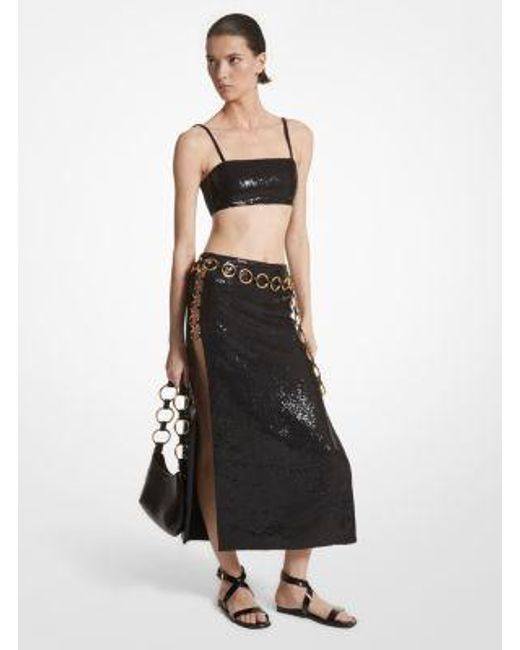 Michael Kors White Mk Hand-Embroidered Sequin Double Crepe Sablé Ring Slit Skirt