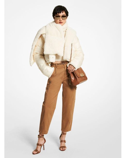 quilted ciré and faux shearling reversible puffer coat