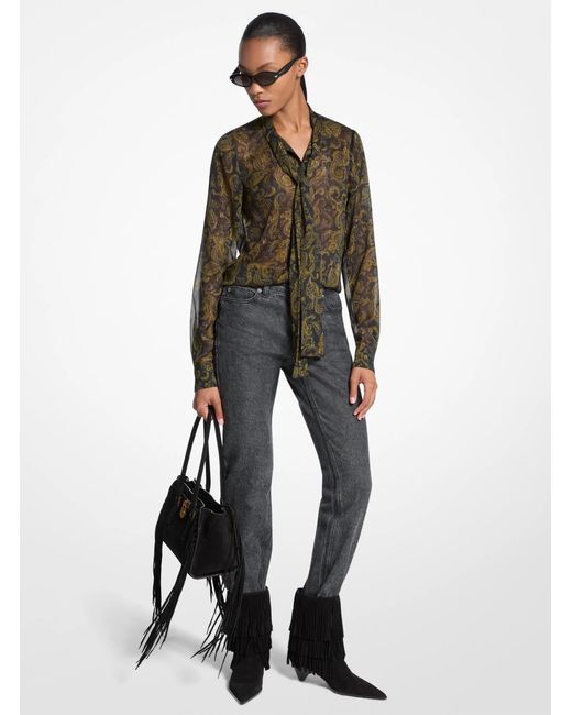 MICHAEL Michael Kors White Mk Metallic Paisley Print Tie-Front Georgette Blouse